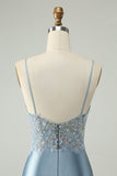 Glitter Dusty Blue Beaded Floral Tight Satin Prom Dress