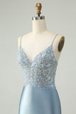 Glitter Dusty Blue Beaded Floral Tight Satin Prom Dress