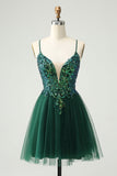 Glitter Dark Green A-Line Sequined Appliques V Neck Prom Dress