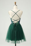 Glitter Dark Green A-Line Sequined Appliques V Neck Prom Dress