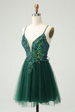 Glitter Dark Green A-Line Sequined Appliques V Neck Prom Dress