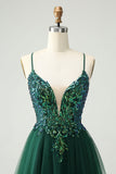 Glitter Dark Green A-Line Sequined Appliques V Neck Prom Dress