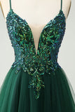 Glitter Dark Green A-Line Sequined Appliques V Neck Prom Dress