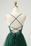 Glitter Dark Green A-Line Sequined Appliques V Neck Prom Dress