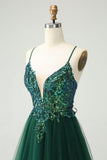 Glitter Dark Green A-Line Sequined Appliques V Neck Prom Dress