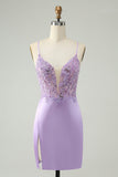 Glitter Purple V Neck Tight Sequined Appliques Prom Dress