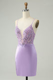 Glitter Purple V Neck Tight Sequined Appliques Prom Dress