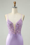 Glitter Purple V Neck Tight Sequined Appliques Prom Dress