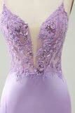 Glitter Purple V Neck Tight Sequined Appliques Prom Dress