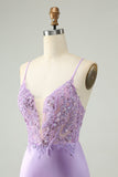 Glitter Purple V Neck Tight Sequined Appliques Prom Dress