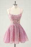 Dark Pink Spaghetti Straps A-Line Backless Short Prom Dress