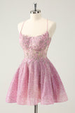 Dark Pink Spaghetti Straps A-Line Backless Short Prom Dress