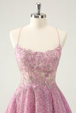 Dark Pink Spaghetti Straps A-Line Backless Short Prom Dress