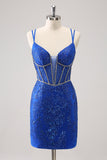 Royal Blue Spaghetti Straps Corset Tight Prom Dress with Criss Cross Back