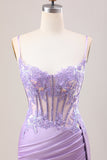 Stylish Lilac Mermaid Pleated Sequin Corset Long Prom Dress With Slit