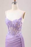 Stylish Lilac Mermaid Pleated Sequin Corset Long Prom Dress With Slit