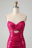 Chic Fuchsia Strapless Keyhole Pleated Tight Prom Dress