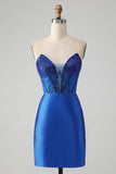 Sparkly Royal Blue Tight Strapless Short Prom Dress with Beading