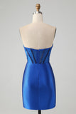 Sparkly Royal Blue Bodycon Strapless Short Prom Dress with Beading