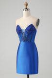 Sparkly Royal Blue Tight Strapless Short Prom Dress with Beading