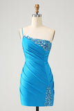 Blue Bodycon One Shoulder Ruched Satin Prom Dress with Sequins