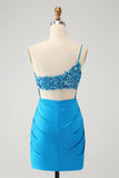 Blue Bodycon One Shoulder Ruched Satin Prom Dress with Sequins