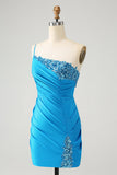 Blue Bodycon One Shoulder Ruched Satin Prom Dress with Sequins