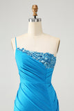 Blue Bodycon One Shoulder Ruched Satin Prom Dress with Sequins