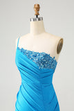 Blue Bodycon One Shoulder Ruched Satin Prom Dress with Sequins