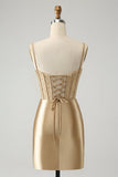 Golden Spaghetti Straps Bodycon Corset Satin Homecoming Dress with Slit