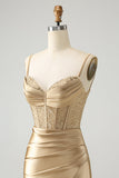 Golden Spaghetti Straps Bodycon Corset Satin Homecoming Dress with Slit