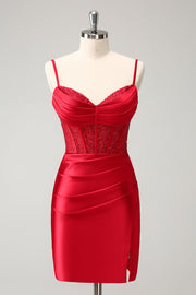 Stylish Red Bodycon Spaghetti Straps Corset Satin Prom Dress with Slit