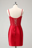 Stylish Red Bodycon Spaghetti Straps Corset Satin Prom Dress with Slit