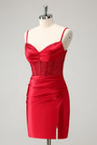 Stylish Bodycon Spaghetti Straps Corset Satin Red Prom Dress with Slit