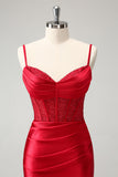 Stylish Red Bodycon Spaghetti Straps Corset Satin Prom Dress with Slit