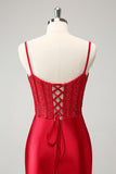 Stylish Red Bodycon Spaghetti Straps Corset Satin Prom Dress with Slit