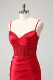 Stylish Red Bodycon Spaghetti Straps Corset Satin Prom Dress with Slit