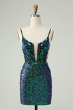 Sparkly Dark Green Spaghetti Straps Tight Short Prom Dress with Sequins