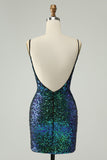 Sparkly Dark Green Spaghetti Straps Tight Short Prom Dress with Sequins