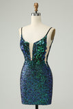 Sparkly Dark Green Spaghetti Straps Tight Short Prom Dress with Sequins