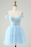 Light Blue A Line Off The Shoulder Corset Short Prom Dress