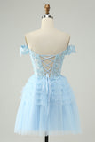 Light Blue A Line Off The Shoulder Corset Short Prom Dress