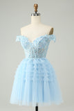 Light Blue A Line Off The Shoulder Corset Short Prom Dress