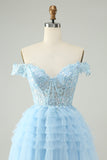 Light Blue A Line Off The Shoulder Corset Short Prom Dress