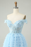 Light Blue A Line Off The Shoulder Corset Short Prom Dress