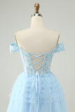 Light Blue A Line Off The Shoulder Corset Short Prom Dress