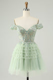 Sparkly Light Green A Line Off The Shoulder Corset Tulle Prom Dress