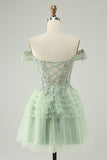 Sparkly Light Green A Line Off The Shoulder Corset Tulle Prom Dress