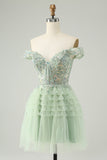 Sparkly Light Green A Line Off The Shoulder Corset Tulle Prom Dress