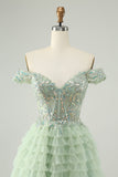 Sparkly Light Green A Line Off The Shoulder Corset Tulle Prom Dress